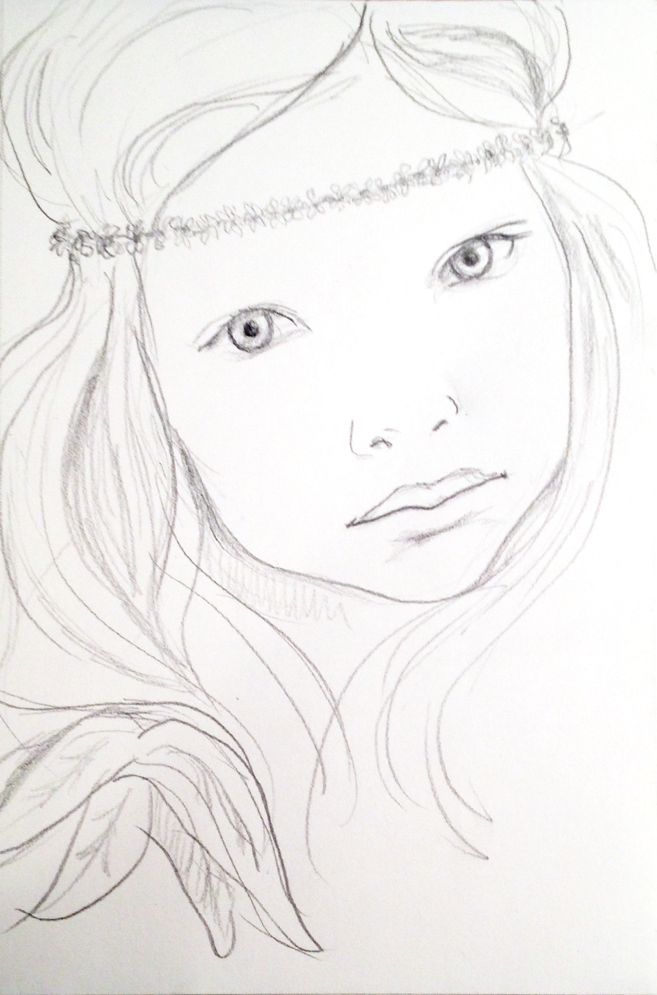 Pencil sketch of a little girl with a flower wreath mad of tiny daisies around her head.