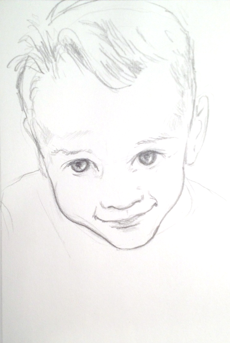 Pencil sketch of a little boy with a big cowlick looking up with a sweet smile.