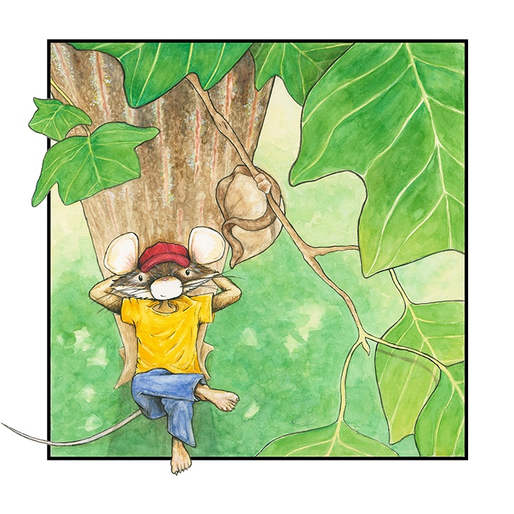 Little Mouse, under tulip tree, spies a cocoon, watercolor