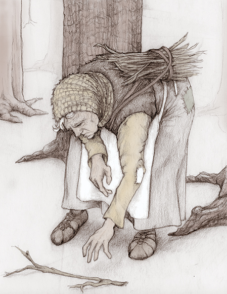 Pencil sketch of elderly lady in ragged clothes and a bundle of sticks tied to her back bending over to pick up a stick in front of several large tree trunks.