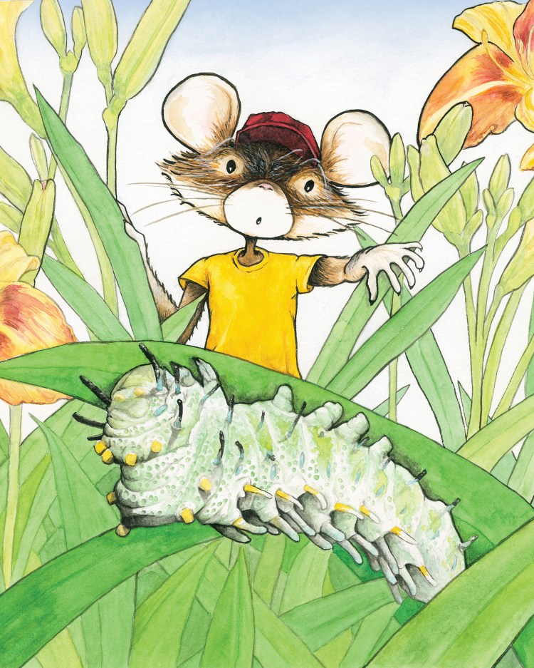 An anthropomorphized mouse with a red ball cap and yellow t-shirt is holding aside large blades of grass as he peeks through a patch of day lilies at a large green squishy caterpillar.