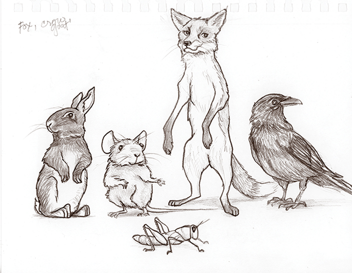 Pencil drawing of a line up of smiling animals: A bunny on hind legs looking sideways, a mouse on hind legs facing front, a fox on hind legs facing front, a raven standing sideways looking over his wing, and in front a grasshopper.