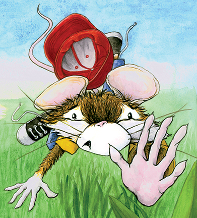 An anthropomorphized mouse seems to be flying through the air over blades of grass after tripping. His red baseball cap is flying off the back of his head and his legs and arms are splayed out. He is wearing sneakers and they are untied. His outstretched hand is coming toward the front of the page and it is disproportionately large, indicating that it is much closer to you than the rest of him.