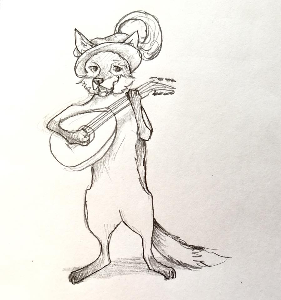 Pencil sketch of a smiling, singing fox on hind legs playing a mandolin in a medieval hat with a large feather plume.