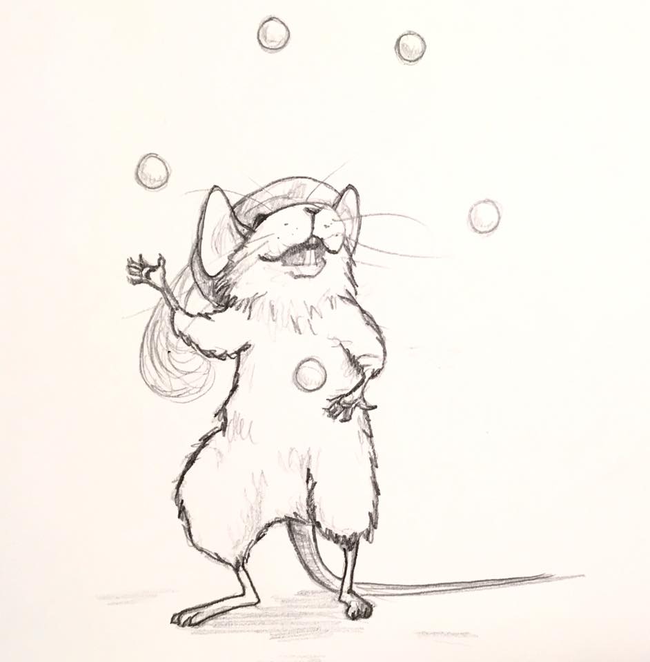 Pencil sketch of a mouse wearing a hat with a fancy feather. He is looking up with a big smile and juggling 5 little balls.