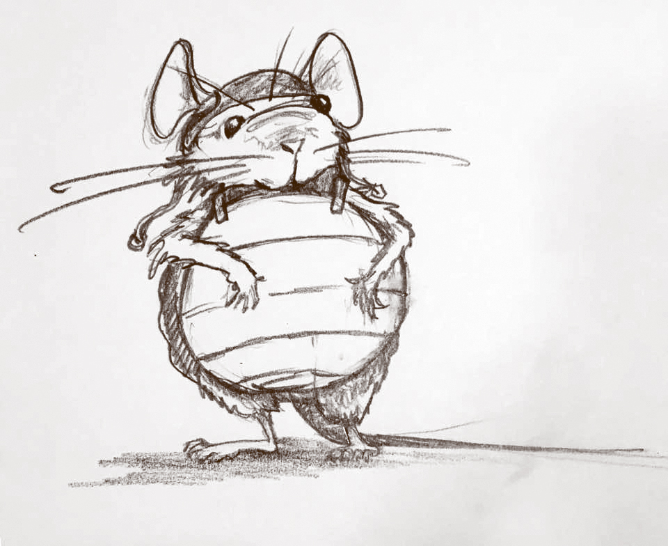 Pencil sketch of a little mouse standing and wearing a turtle costume.