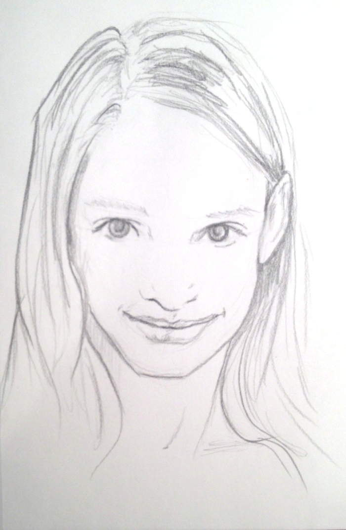 Pencil sketch of a smiling girl with long hair. Her hair is tucked behind her ear on one side.