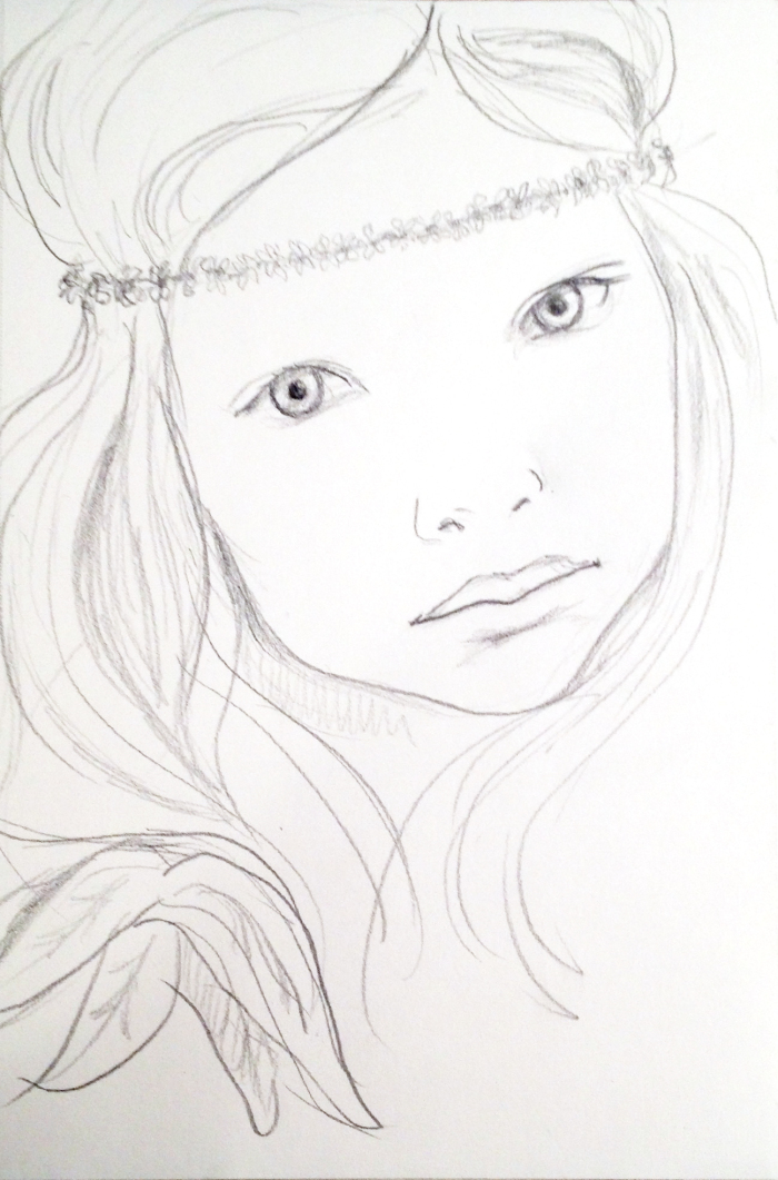 Pencil sketch of a little girl with a flower wreath mad of tiny daisies around her head.