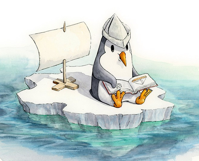 A cute little penguin is sitting on his own little ice floe. There is a make-shift sail on a stick and held up with boards as a base. The penguin is wearing a pretend captain's hat made from a newspaper and he is sitting, with the sail behind him, reading a book. The pages that are open show a small sailboat and an anchor along with lines that could be text.