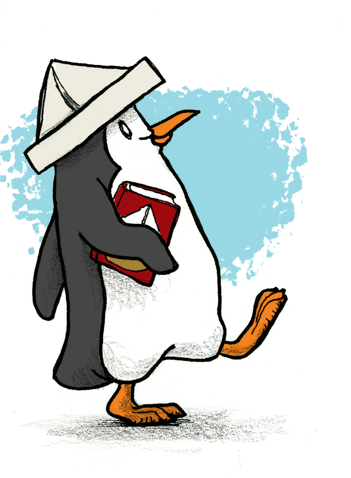A happy little penguin is walking with a jaunty step wearing a newspaper captain's hat and has a book about boats under his wing.