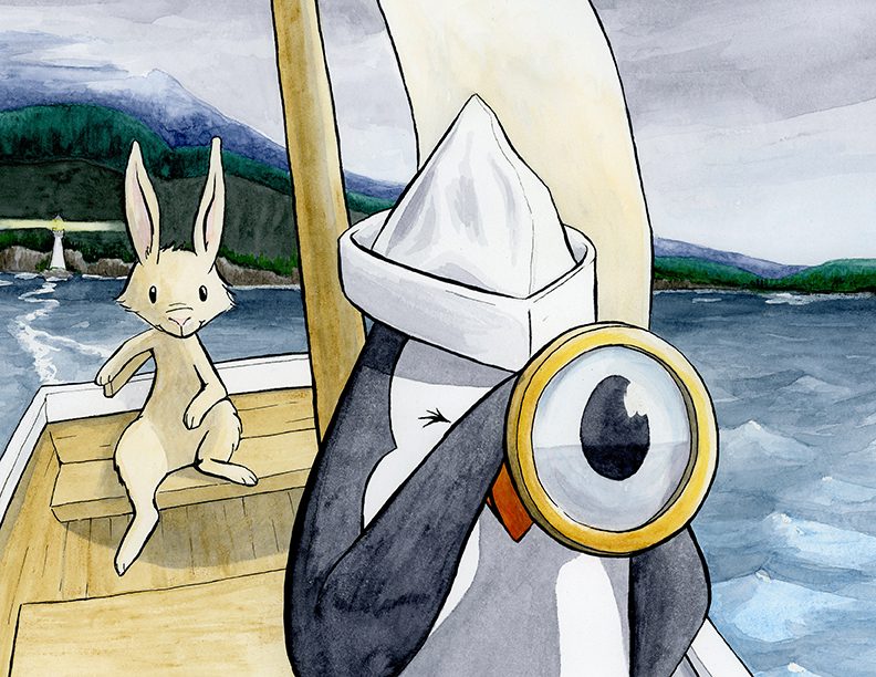 In the background there are mountains, forests, and cliffs. In front of the cliffs, there is a lighthouse. From the lighthouse, there is wake on the water leading to the little sailboat in the foreground. A little beige rabbit is relaxing on the bench at the back of the boat with his paw on the tiller. In the extreme foreground, there is a penguin in front of the sail in a newspaper captain's hat. Only one squinty eye is showing on his face. The other eye is enlarged to the size of his head in the foreshortened end of the spyglass that he is pointing right at you.