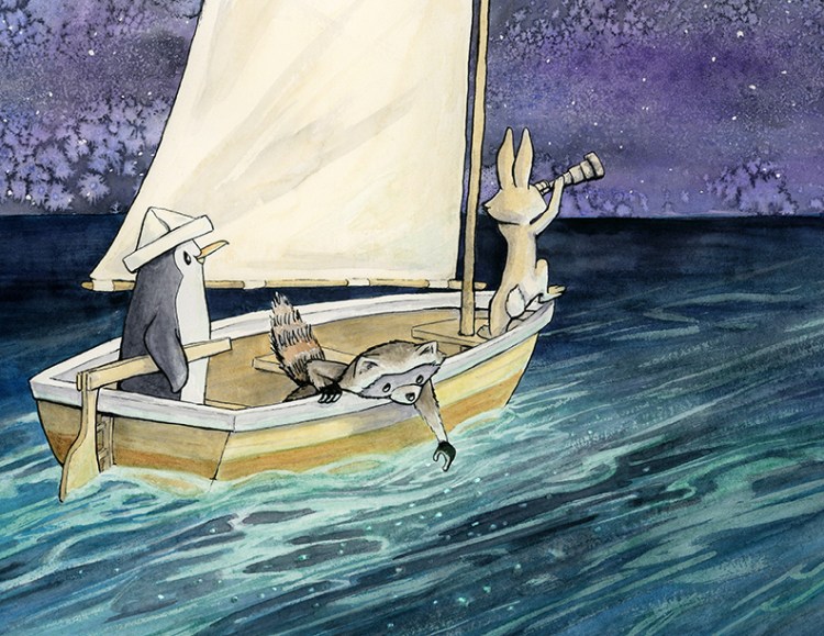 Three friends are in a small sail boat on a starry night with bioluminescent creatures glowing in the water: A penguin in a newspaper captains hat is at the tiller, a raccoon leaning over the edge with his forefinger in the water, and a rabbit looking ahead through a spy glass