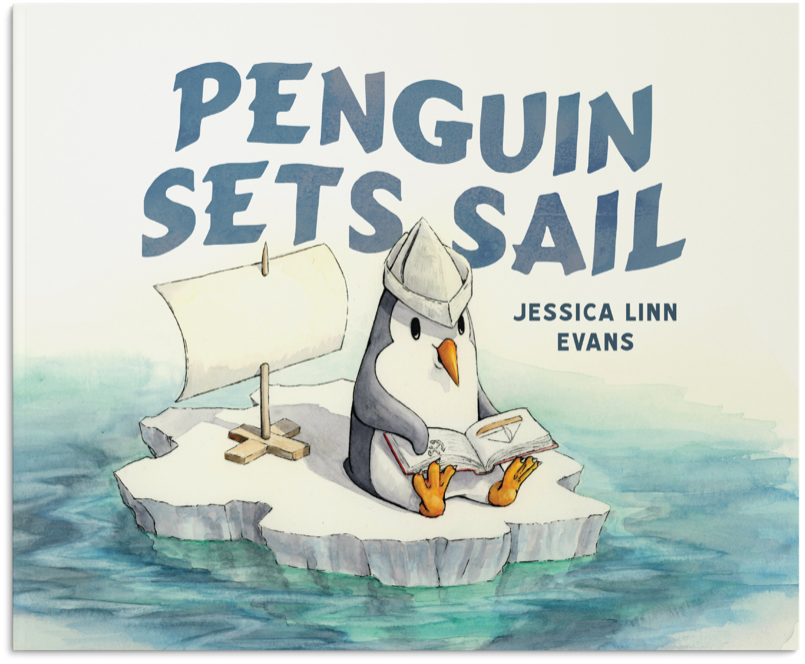 Penguin Sets Sail by Jessica Linn Evans Book cover. A penguin with a paper captain's hat sits and reads a book about boats on a small ice floe.