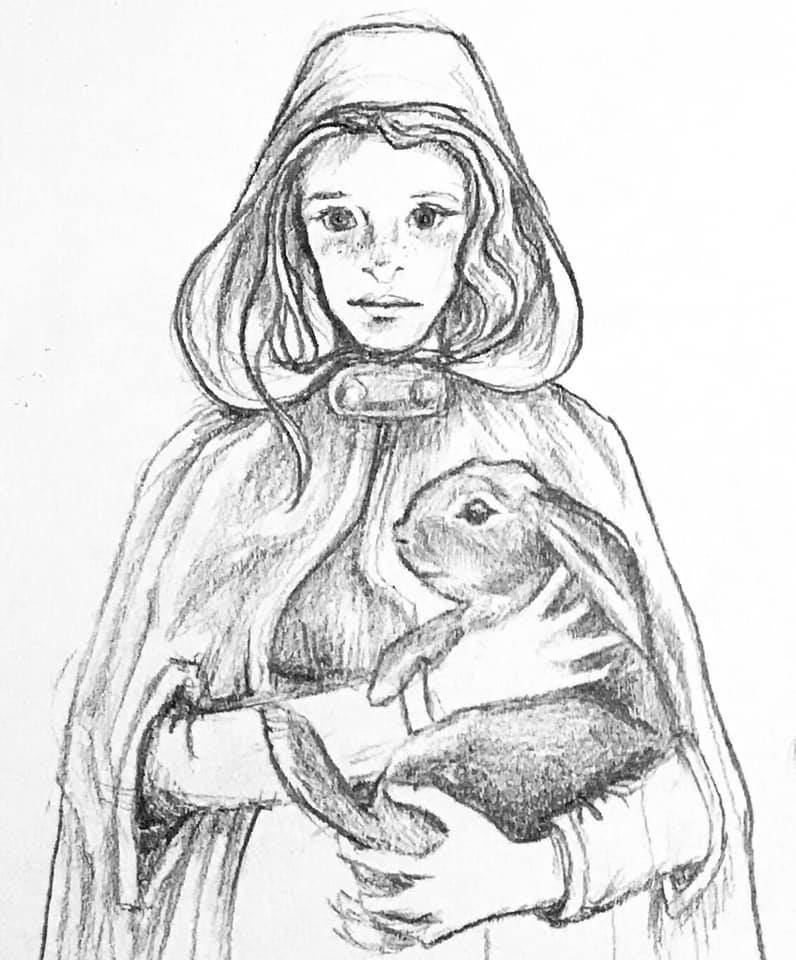 Pencil sketch of a girl with freckles in a hooded cloak holding a bunny.