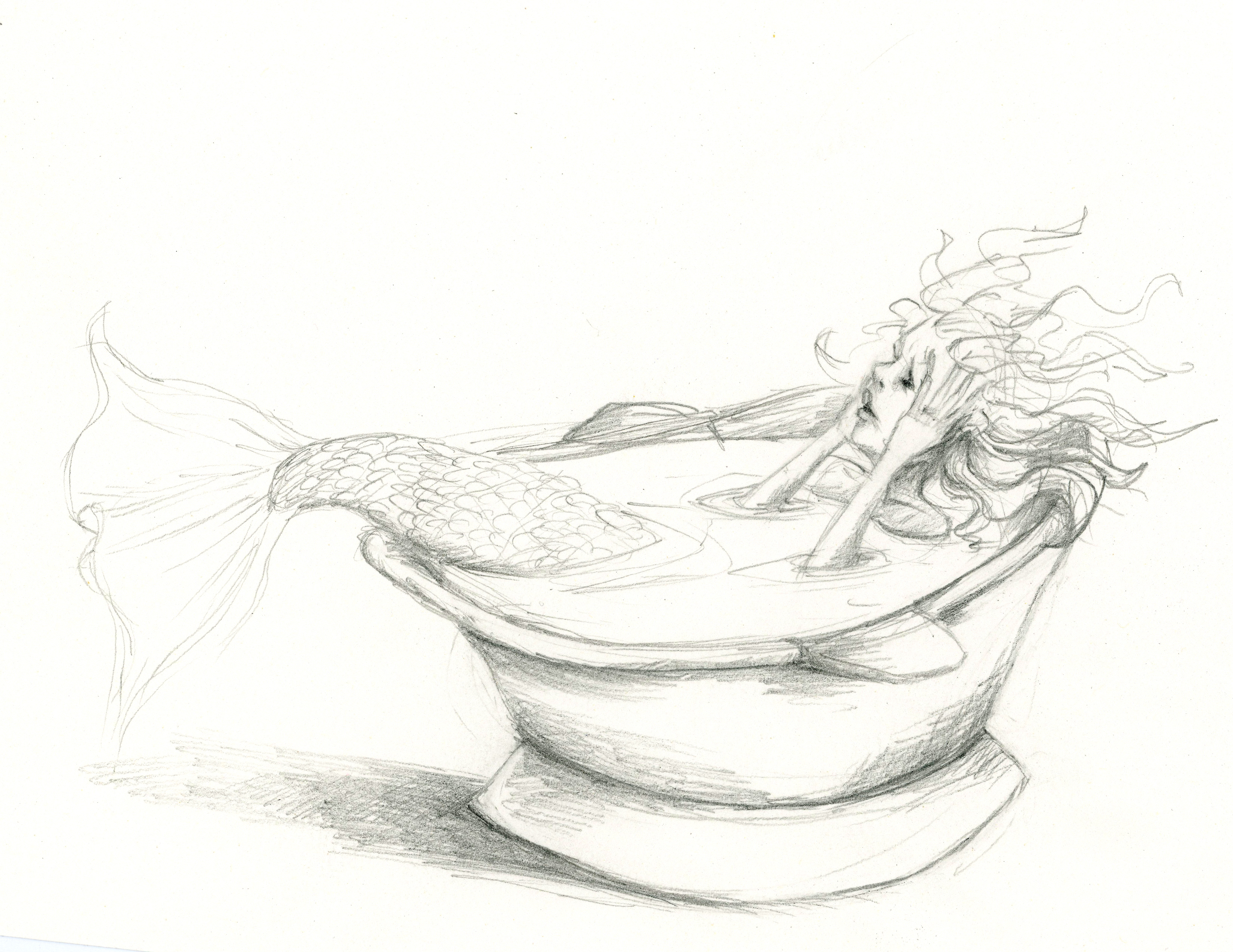 Pencil sketch of a mermaid in an old fashioned bath tub. Her body is under the water, but her tail is sticking out the end and her hands are on her cheeks. Her hair is wild and she has a surprised look on her face.