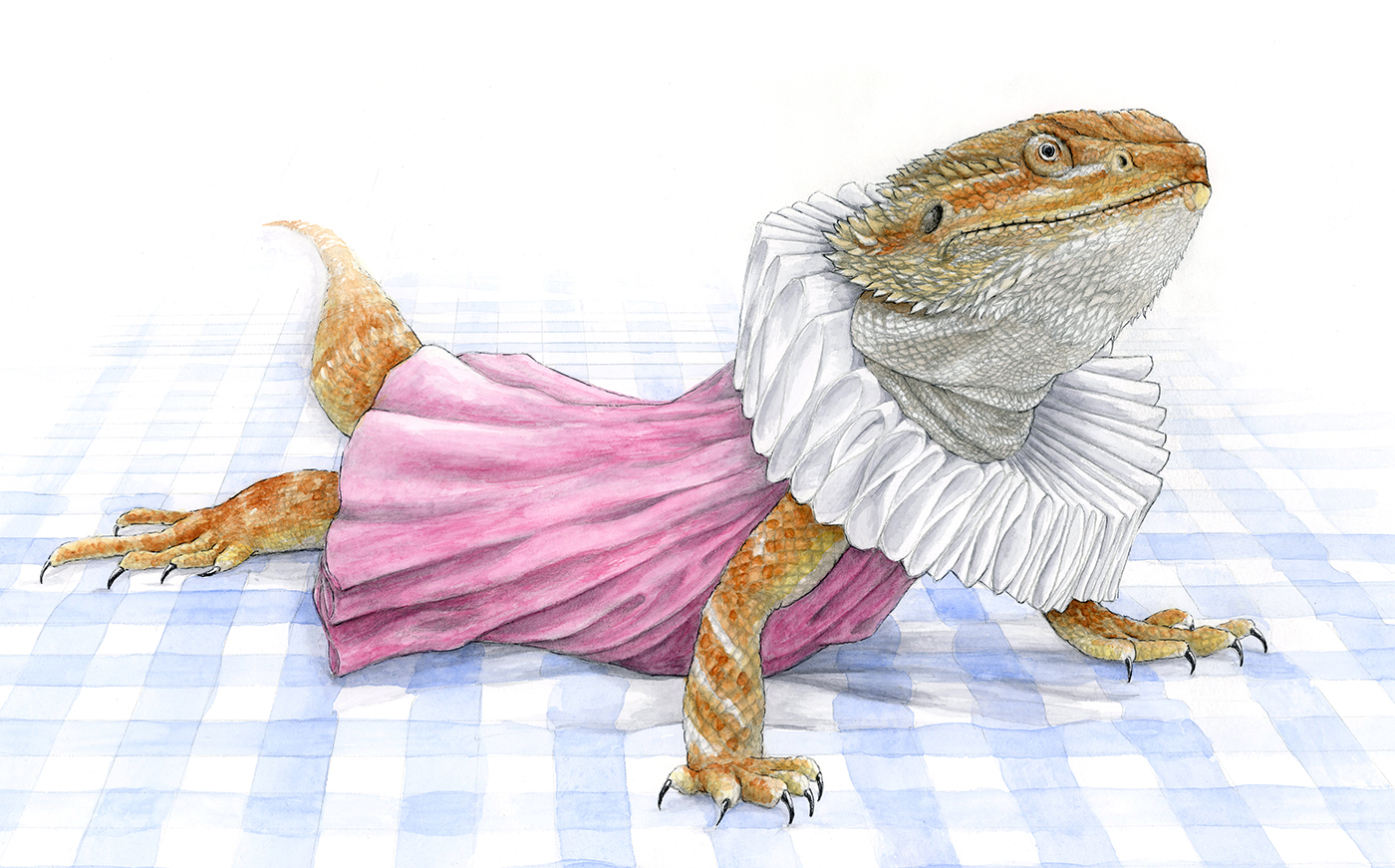 A colorful photo-realistic bearded dragon lizard in a pink dress with a victorian lace collar standing on a blue and white checked tablecloth