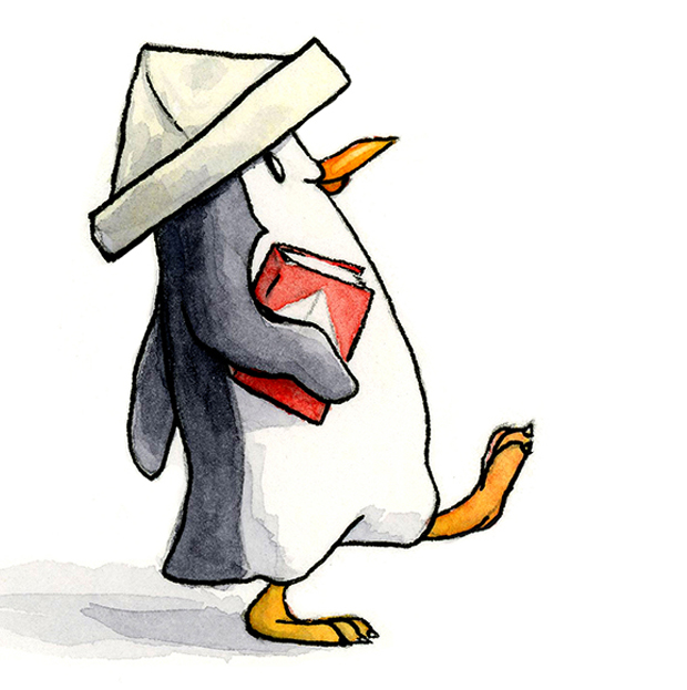 A happy little penguin is walking with a jaunty step wearing a newspaper captain's hat and has a book about boats under his wing.