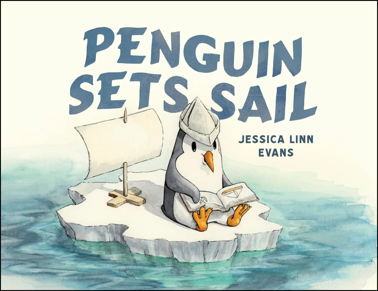 Penguin Sets Sail by Jessica Linn Evans Book cover. A penguin with a paper captain's hat sits and reads a book about boats on a small ice floe.