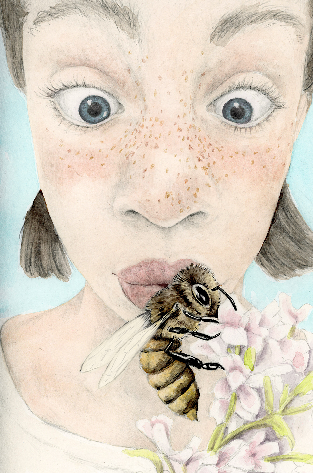 Close up of a freckled girl with wide blue eyes looking at an enlarged honey bee gathering pollen in light pink flowers.