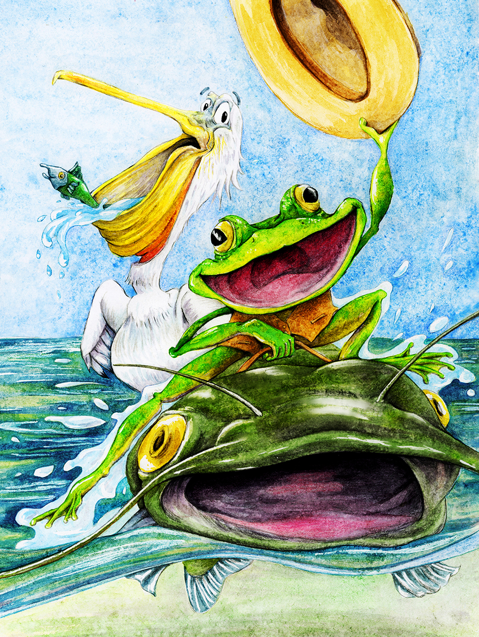 A bright green frog with an overjoyed expression waves a cowboy hat while riding on the back of a catfish on the surface of the water. A surprised pelican looks on with mouth wide open and a fish happily escaping being eaten.