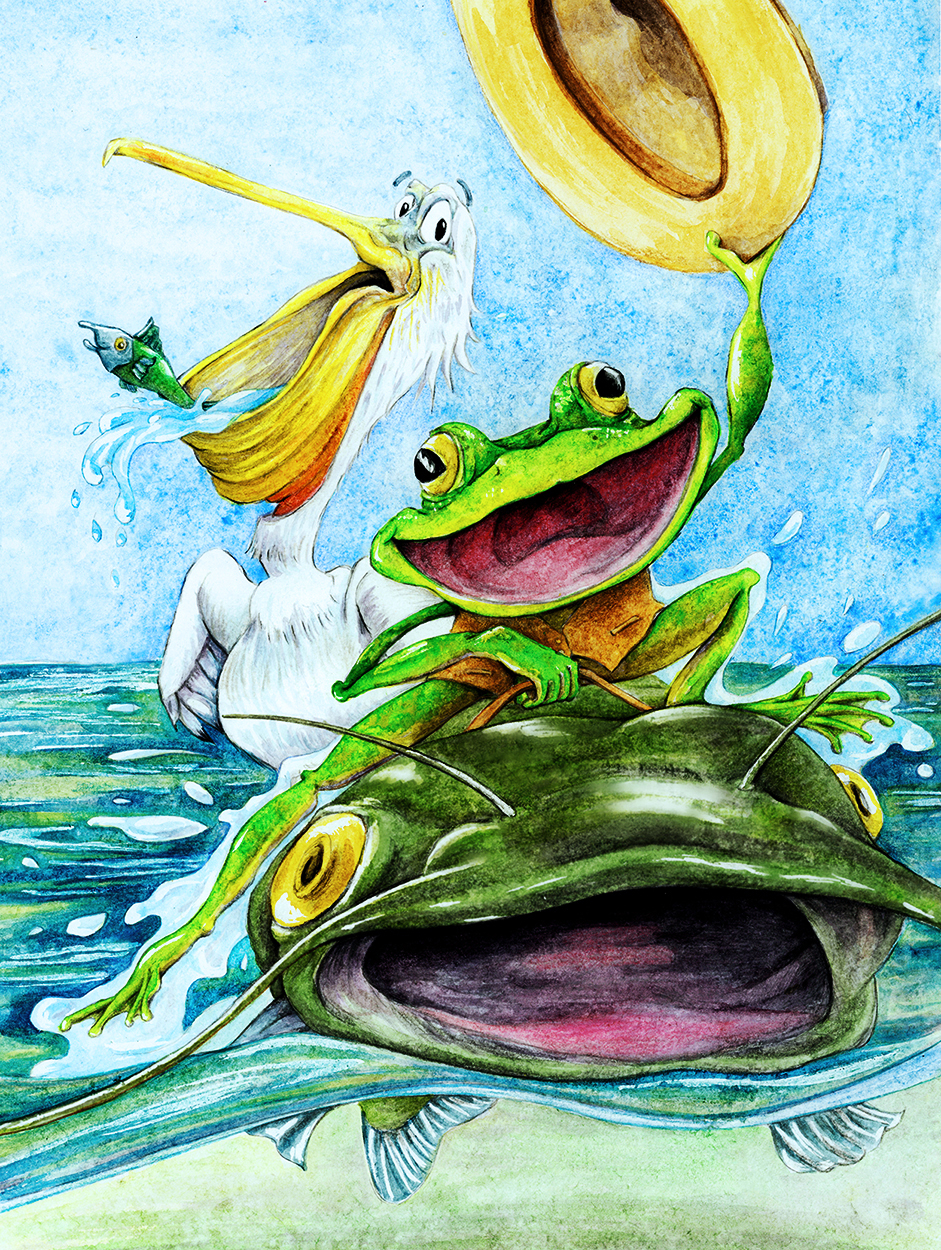 A bright green frog with an overjoyed expression waves a cowboy hat while riding on the back of a catfish on the surface of the water. A surprised pelican looks on with mouth wide open and a fish happily escaping being eaten.