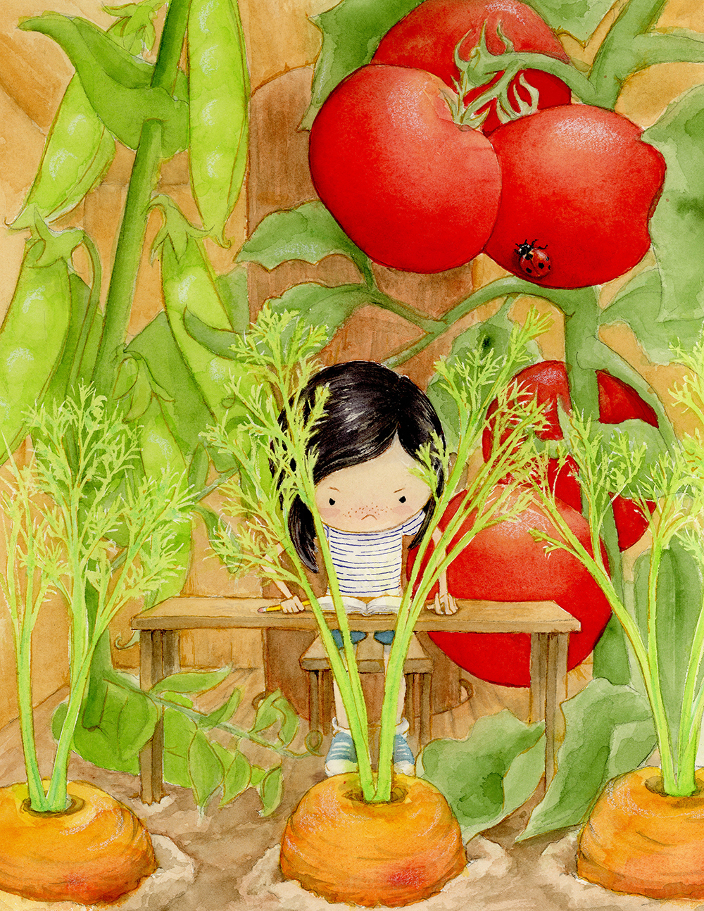 A little girl with short black hair, a striped t-shirt, blue shorts, and sneakers stands behind a table with a chair scooted back behind her looking over the front of the table. She has a slightly annoyed look on her face. She is in a treehouse and there is an open journal in front of her on the table. She is holding a pencil. In front of the table are giant carrots, the same size as she is, growing out of the floor. Behind her are equally giant tomatoes on the vine and pea pods growing behind her.