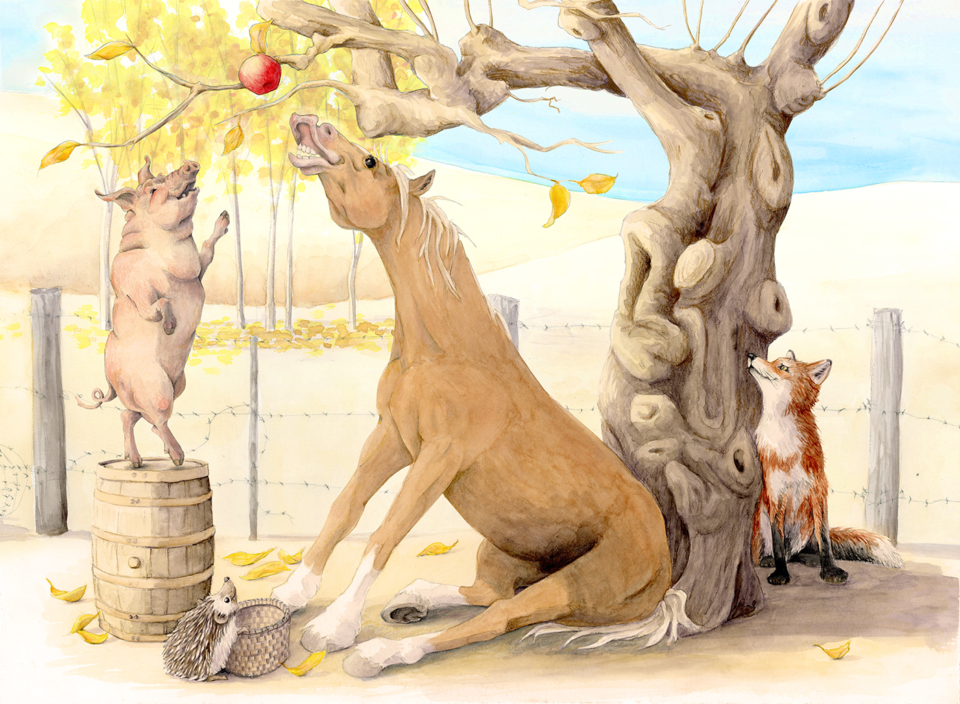 A pig stands on a barrel on his hind legs reaching for a single apple on an apple tree with just a few yellow leaves left. A horse sits facing the pig with his mouth raised toward the apple. A hedgehog with an apple-sized basket is at the horses feet looking up at the apple. A fox with a smirk on his face is mostly hidden behind the trunk of the apple tree. The fox is also looking up at the apple.